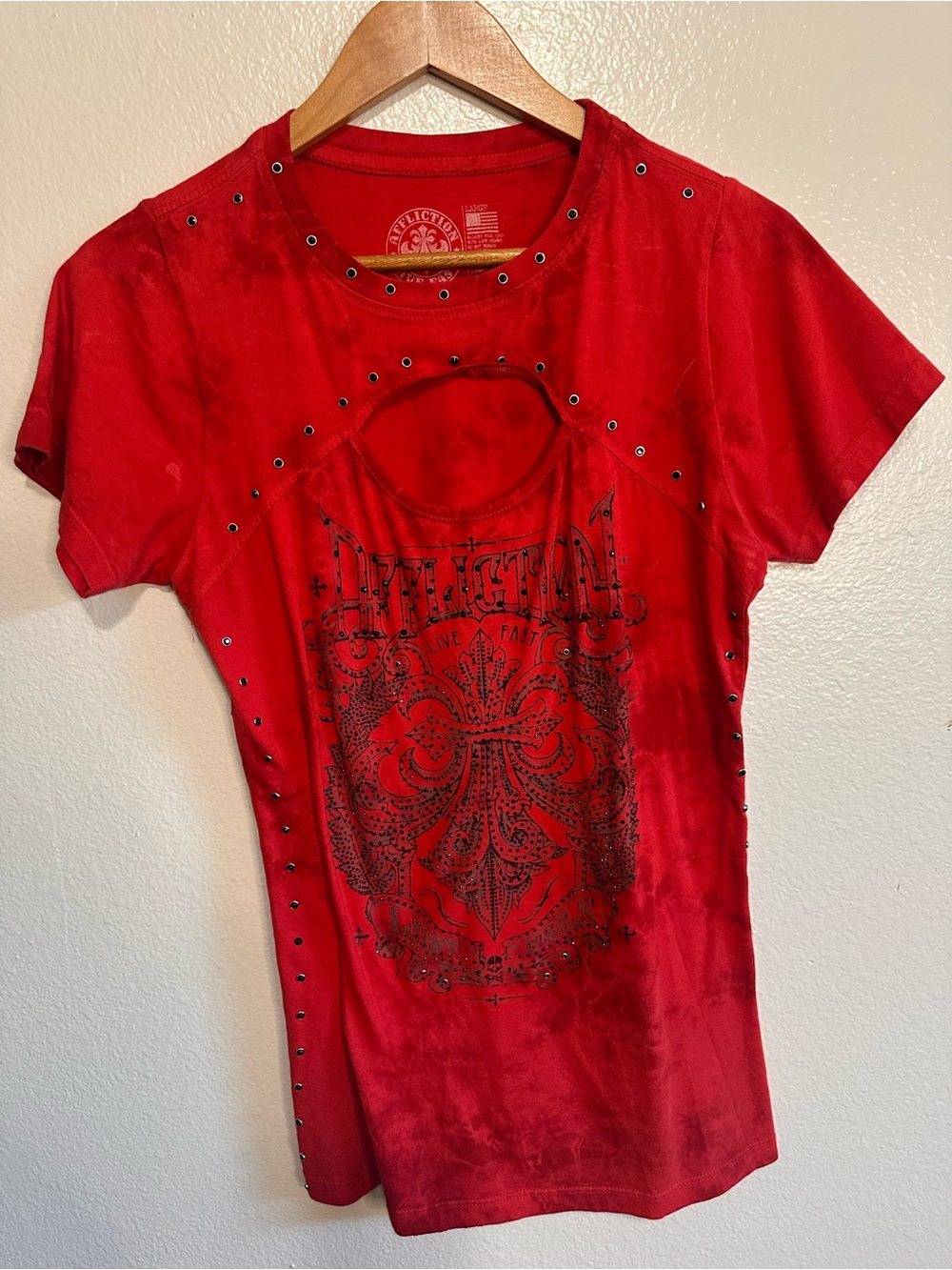 Affliction Red Rhinestone Cutout Graphic Tee